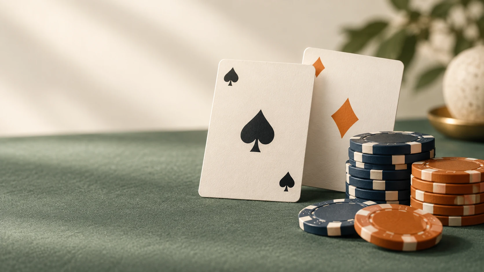 Ivory playing cards and navy and amber casino chips on sage felt