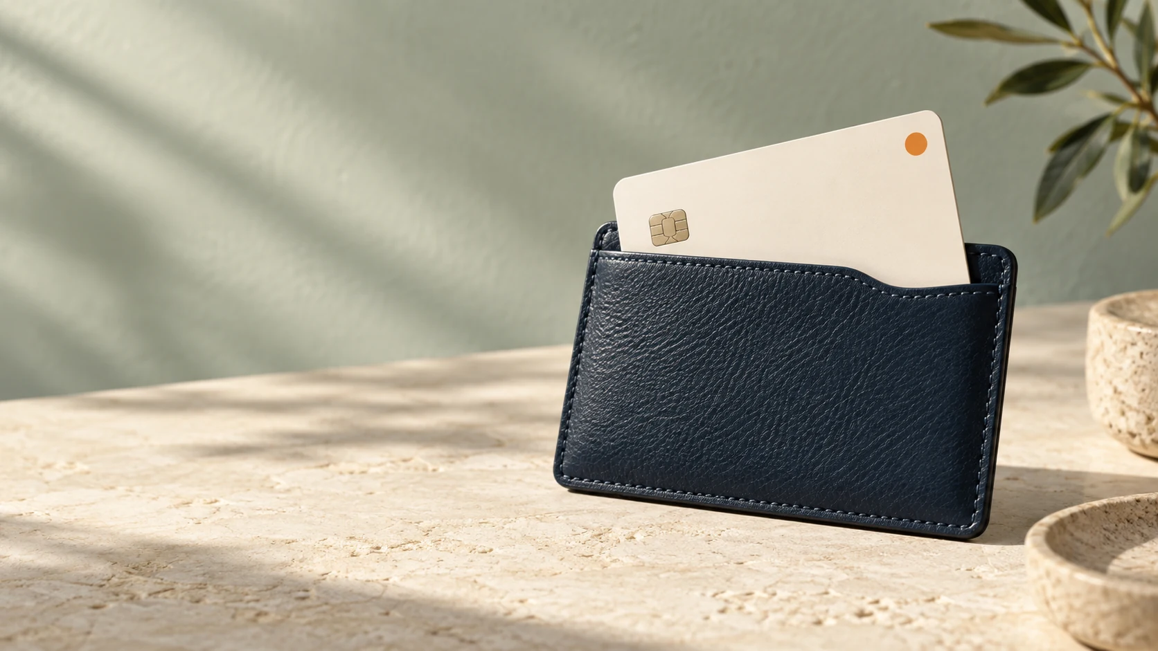 A navy leather card wallet with an unbranded ivory bank card